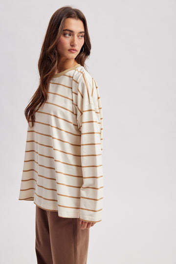 Taupe Striped Oversized Long Sleeve Top