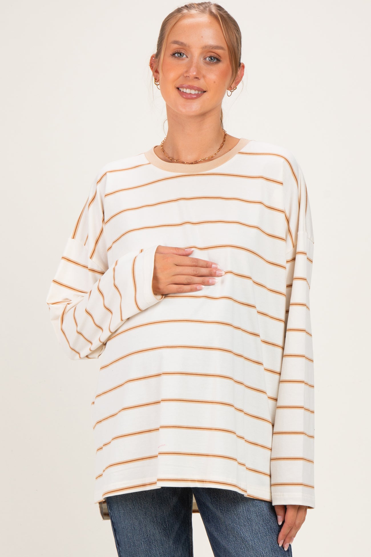 Taupe Striped Oversized Maternity Long Sleeve Top