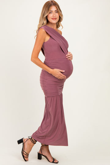 Mauve One Shoulder Ruched Maternity Maxi Dress