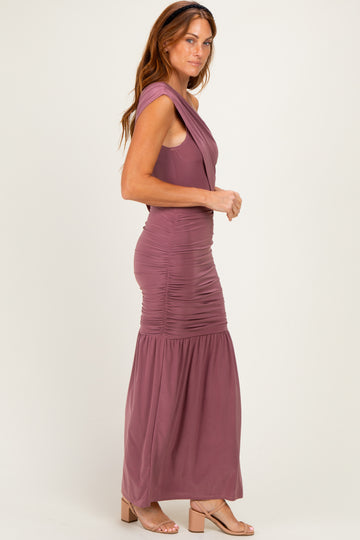 Mauve One Shoulder Ruched Maxi Dress