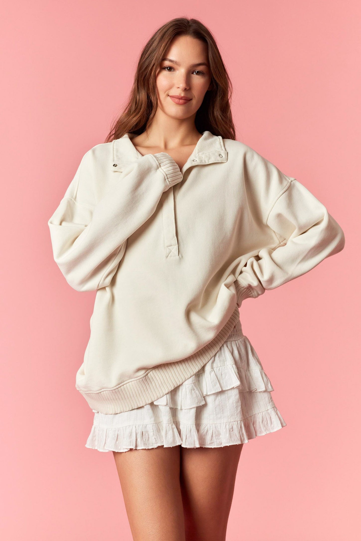 Cream Snap Collar Oversized Sweatshirt