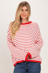 Red Striped Solid Trim Relaxed Sweater