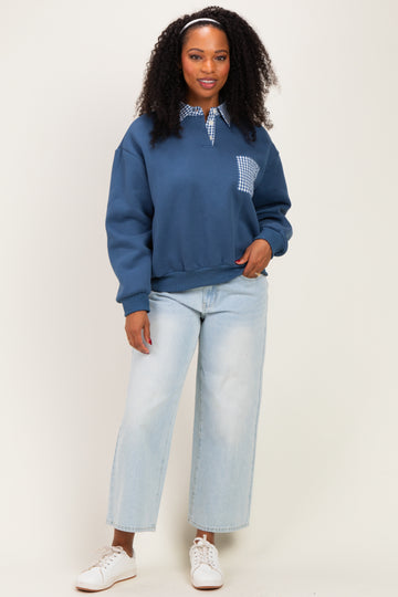 Navy Checker Plaid Collared Sweatshirt