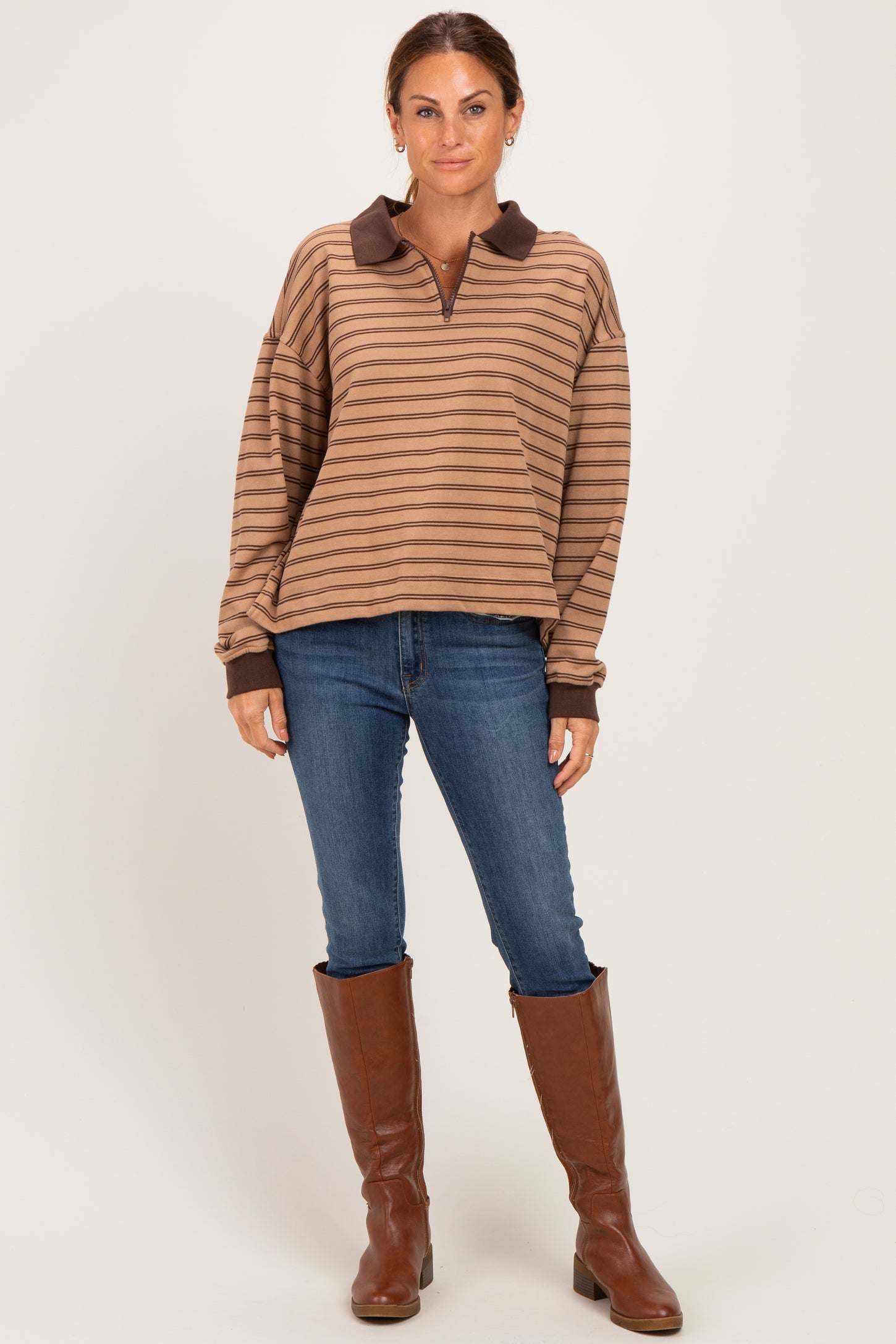 Khaki Striped Long Sleeve Polo Shirt