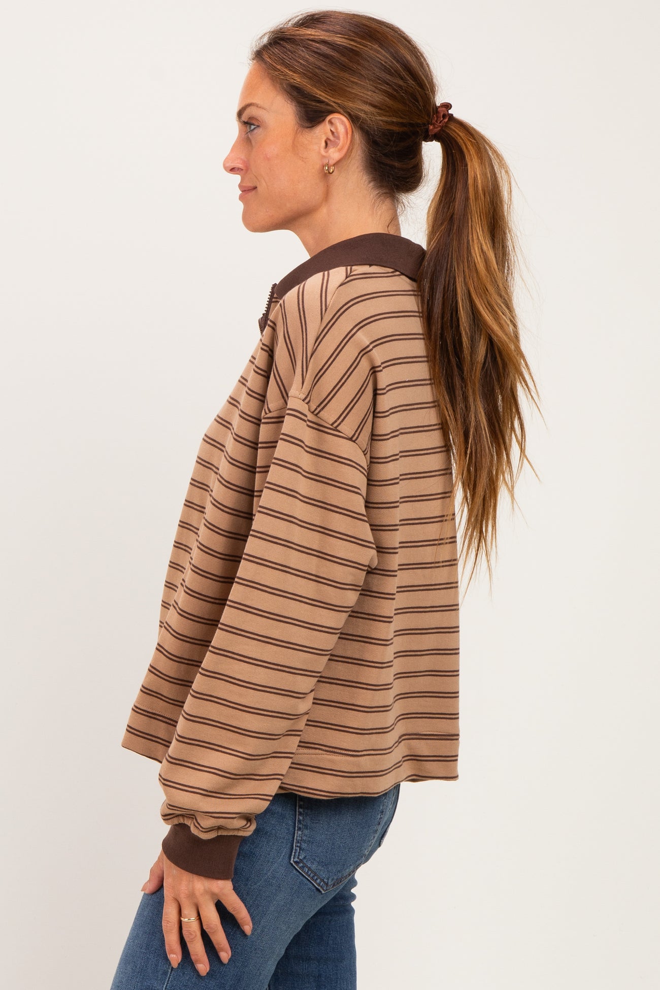 Khaki Striped Long Sleeve Polo Shirt