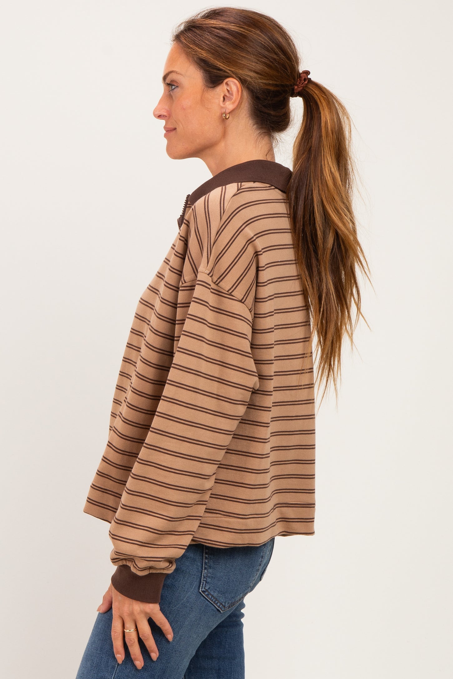 Khaki Striped Long Sleeve Polo Shirt