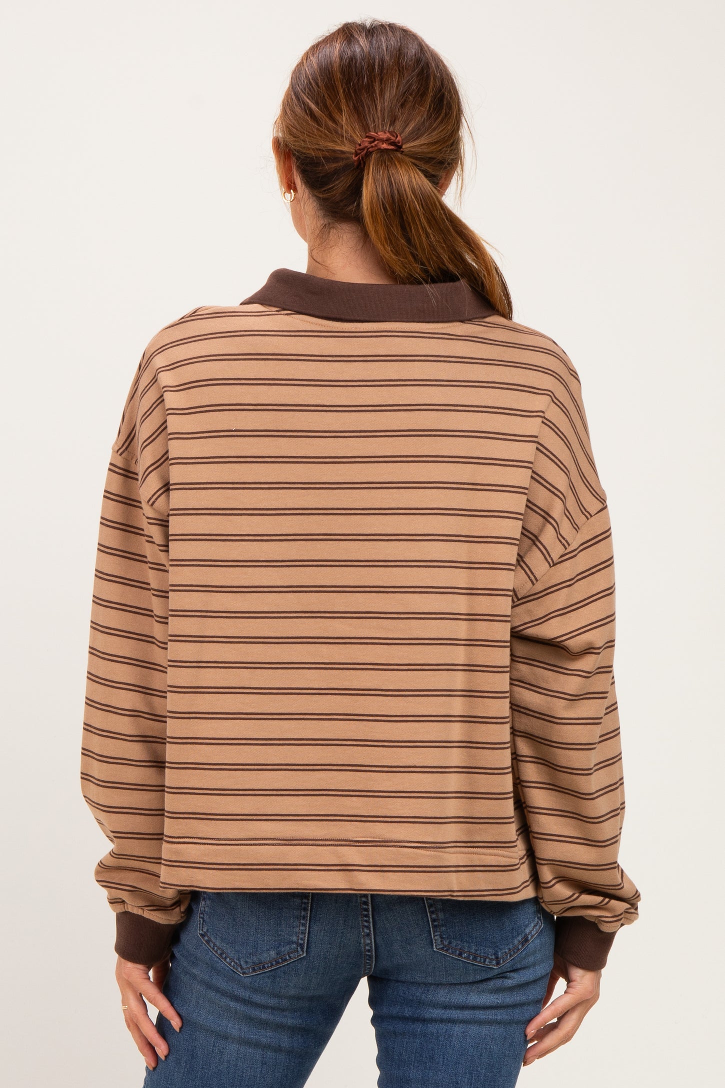 Khaki Striped Long Sleeve Polo Shirt