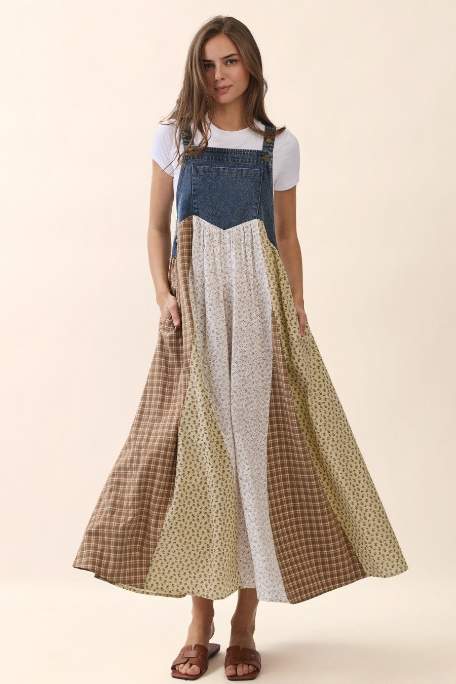Denim Floral Plaid Maternity Overall Dress