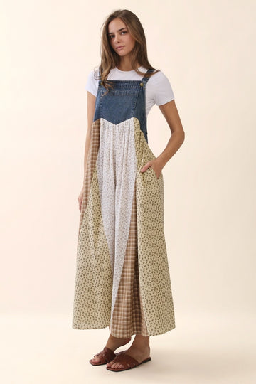 Denim Floral Plaid Overall Dress