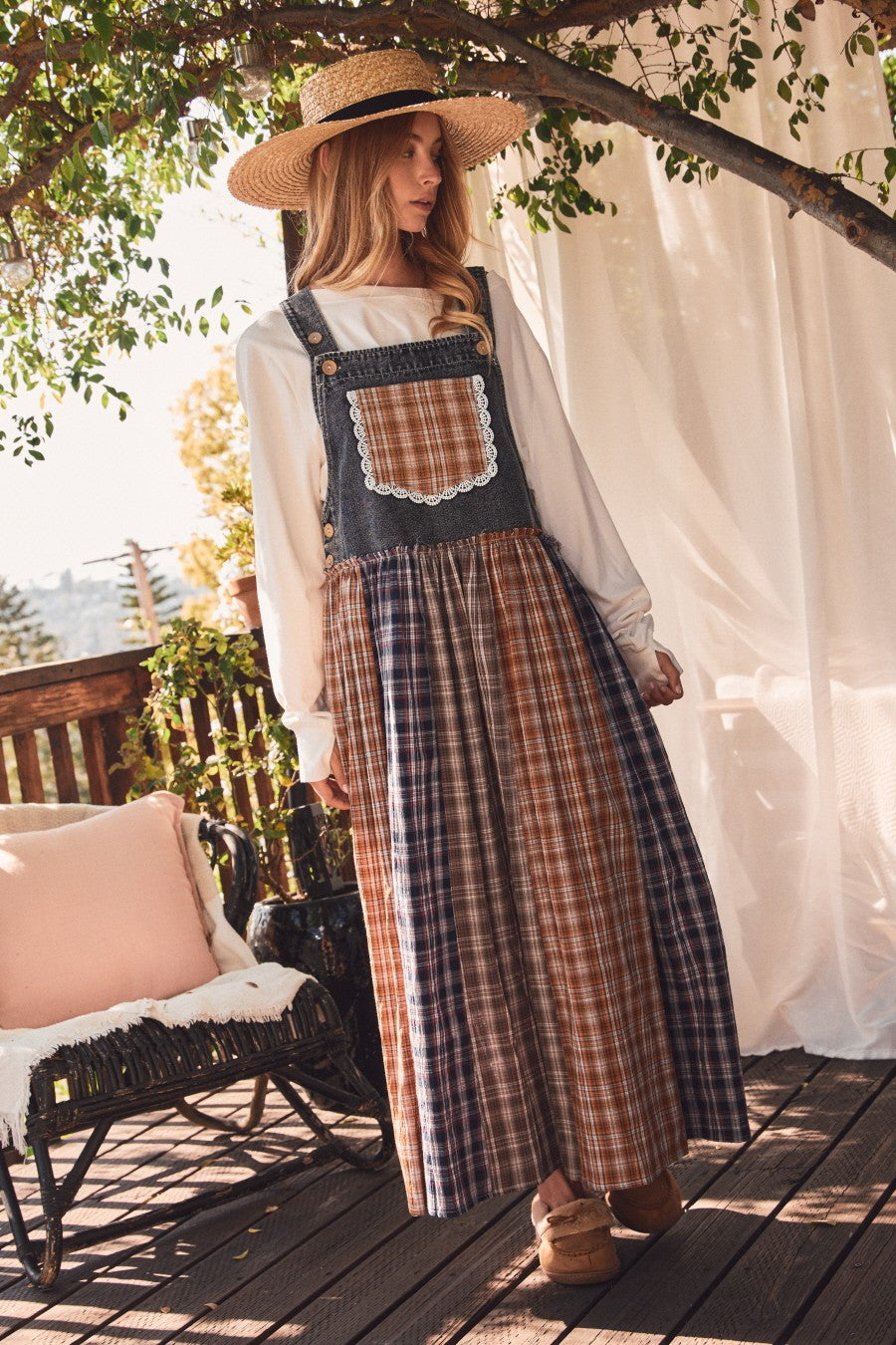 Washed Denim Mixed Plaid Overall Dress