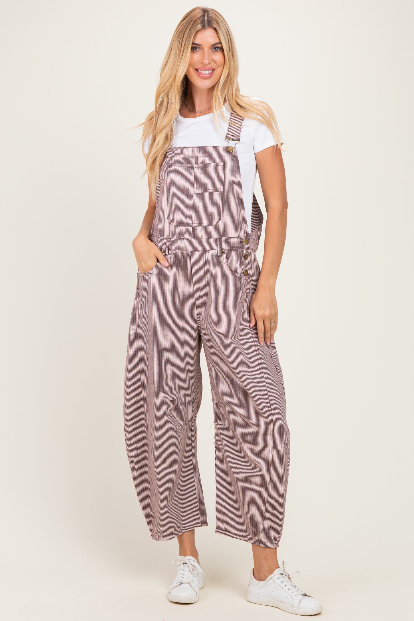 Brown Pinstriped Barrel-Leg Maternity Overalls
