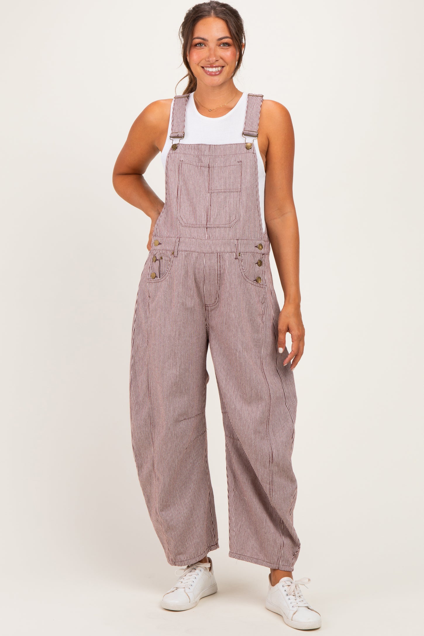 Brown Pinstriped Barrel-Leg Maternity Overalls