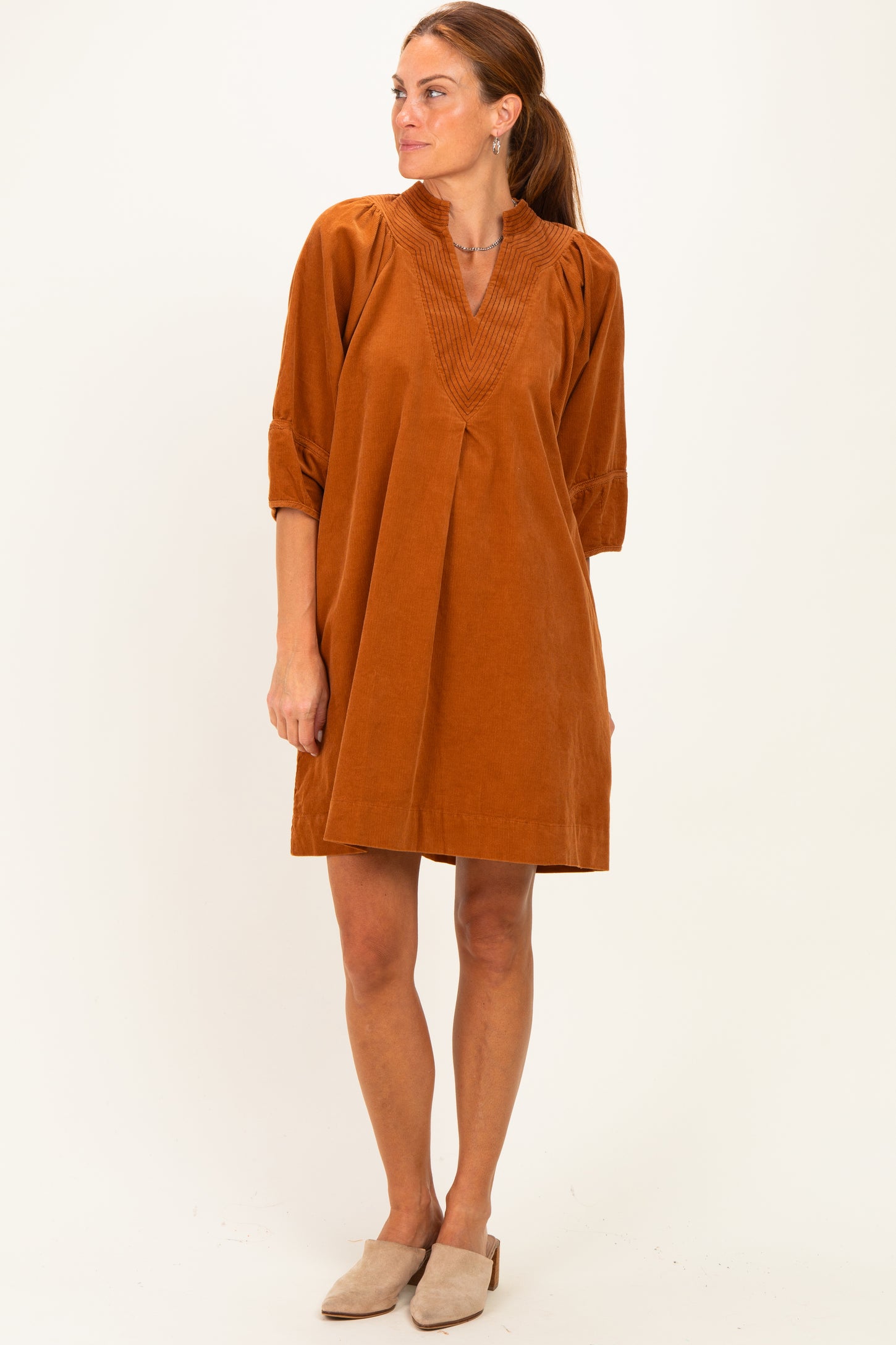 Camel Coduroy Contrast Stitched Maternity Dress