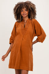 Camel Coduroy Contrast Stitched Maternity Dress