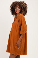 Camel Coduroy Contrast Stitched Maternity Dress
