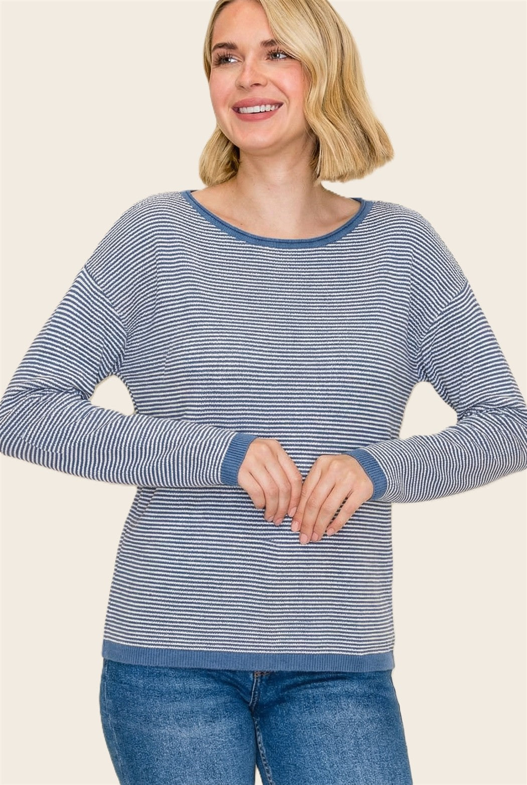 Denim Blue Striped Waffle Knit Maternity Sweater
