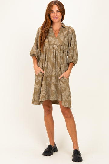 Light Olive Paisley Puff Sleeve Dress