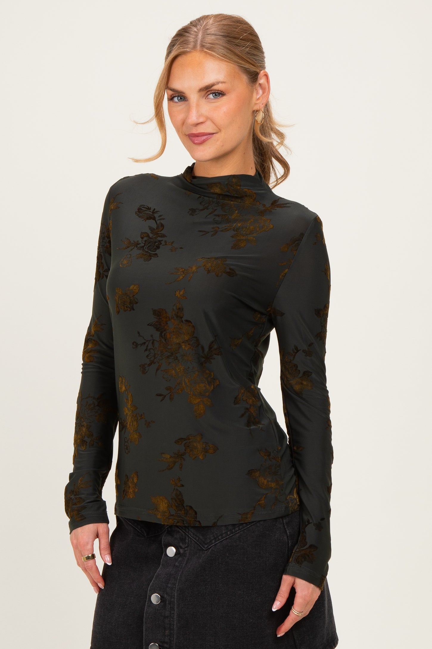Olive Velvet Floral Mock Neck Top