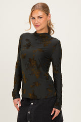Olive Velvet Floral Mock Neck Top