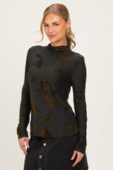 Olive Velvet Floral Mock Neck Top