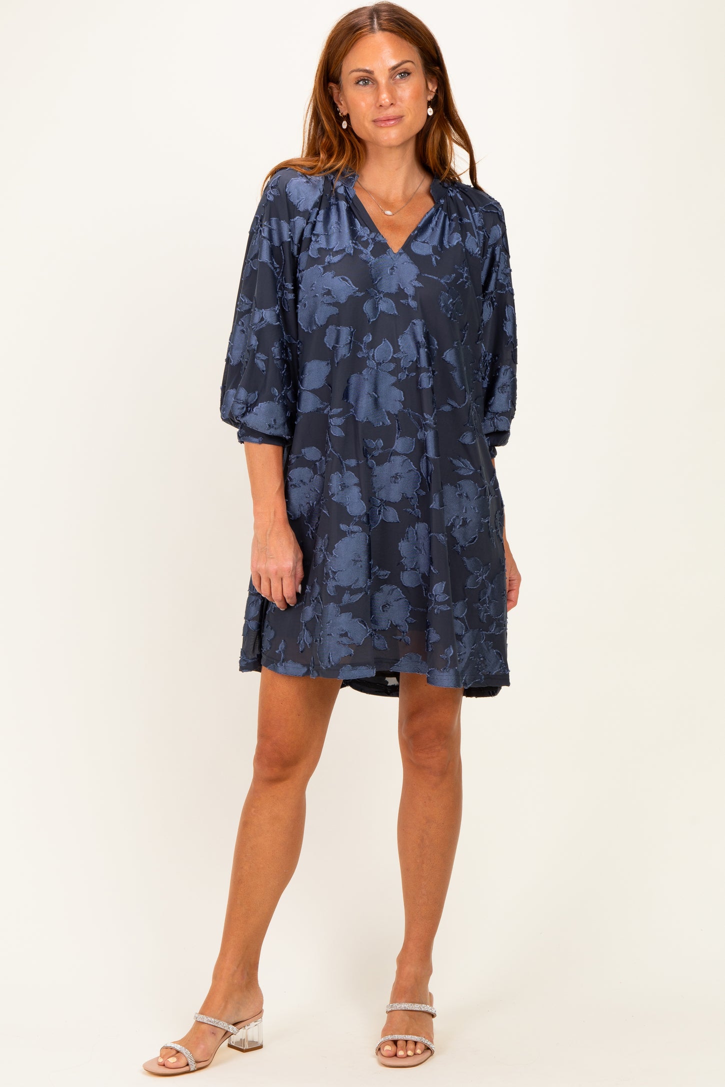 Navy Blue Floral Velvet Maternity Dress