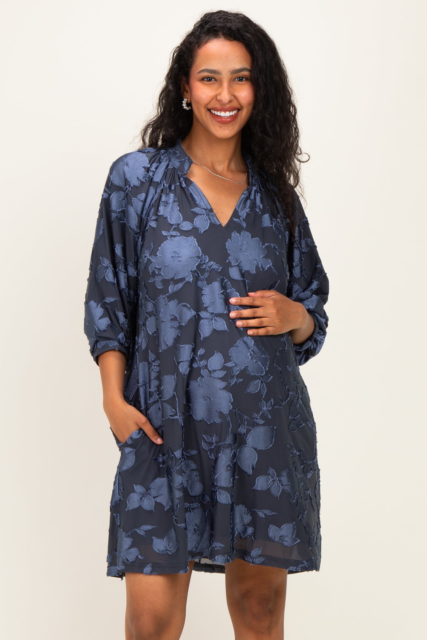 Navy Blue Floral Velvet Maternity Dress