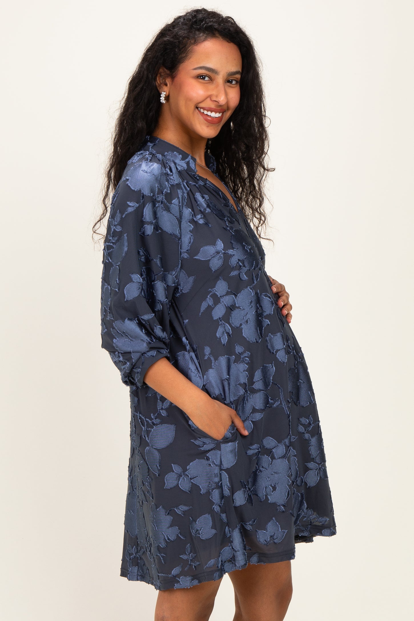 Navy Blue Floral Velvet Maternity Dress