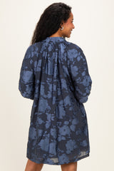 Navy Blue Floral Velvet Maternity Dress