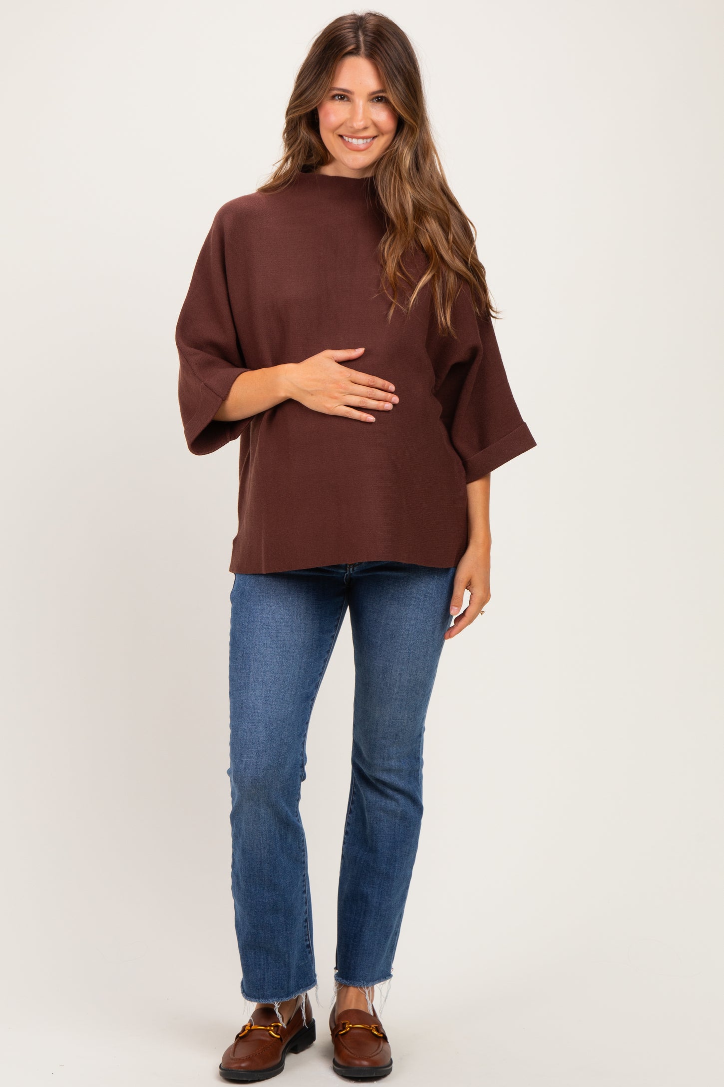 Brown Mock Neck Dolman Short Sleeve Maternity Top