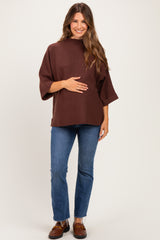 Brown Mock Neck Dolman Short Sleeve Maternity Top