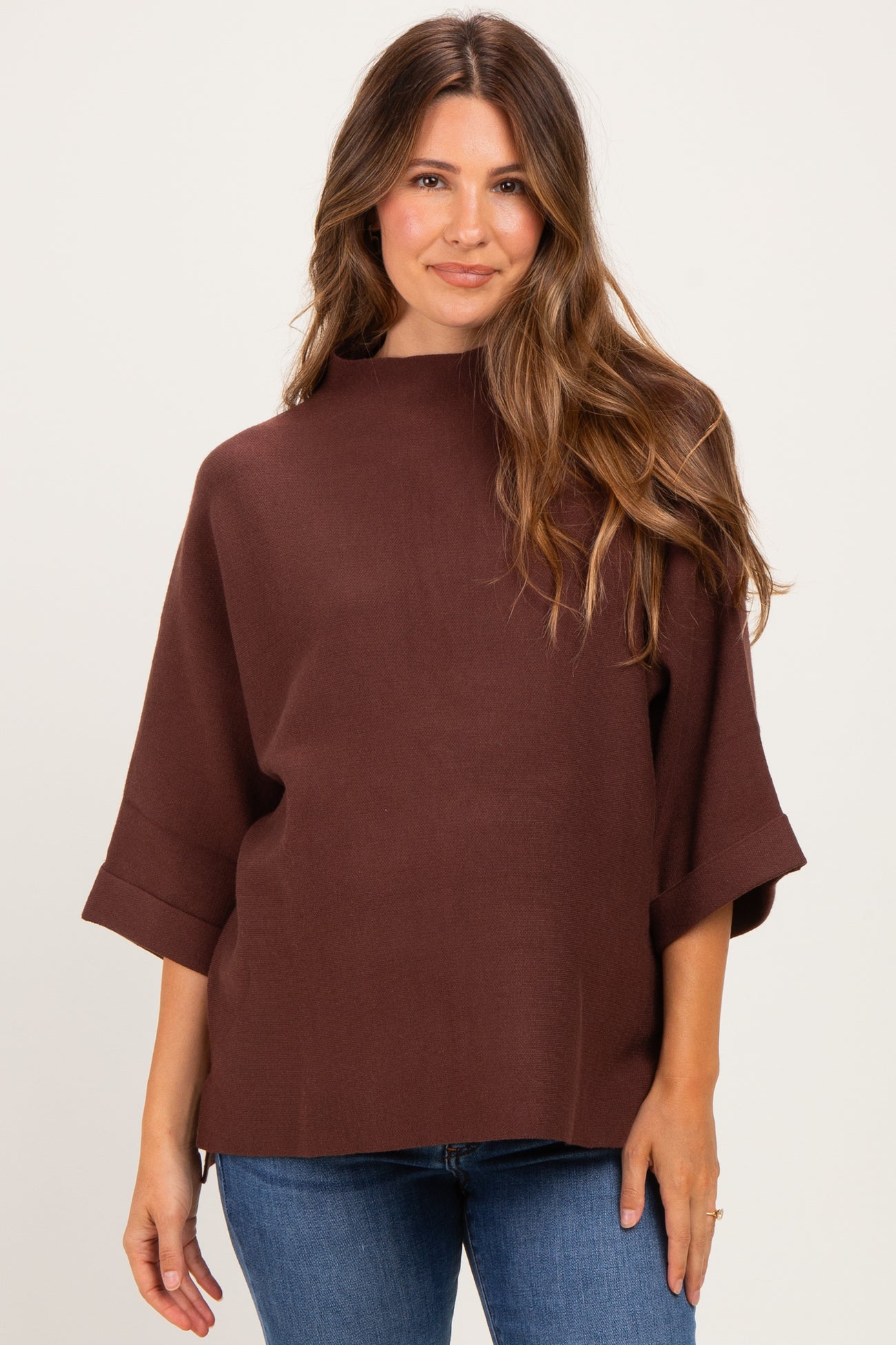 Brown Mock Neck Dolman Short Sleeve Maternity Top