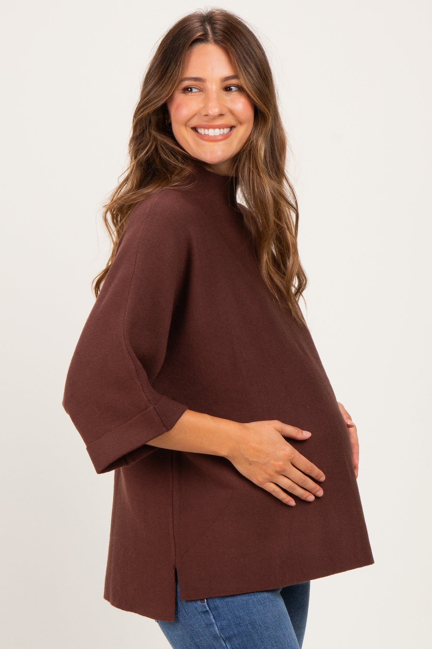Brown Mock Neck Dolman Short Sleeve Maternity Top