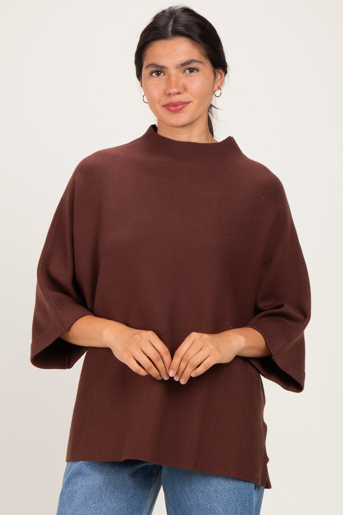 Brown Mock Neck Dolman Short Sleeve Maternity Top