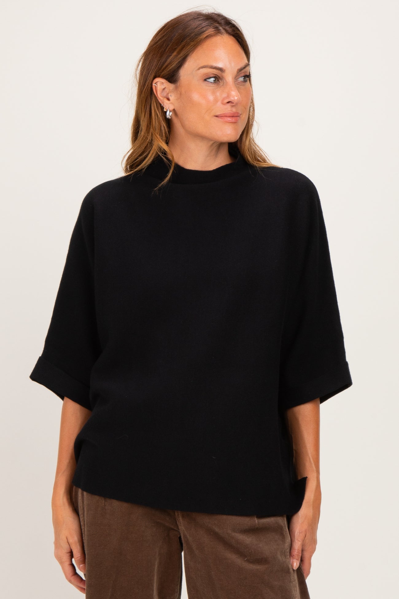 Black Mock Neck Dolman Short Sleeve Top