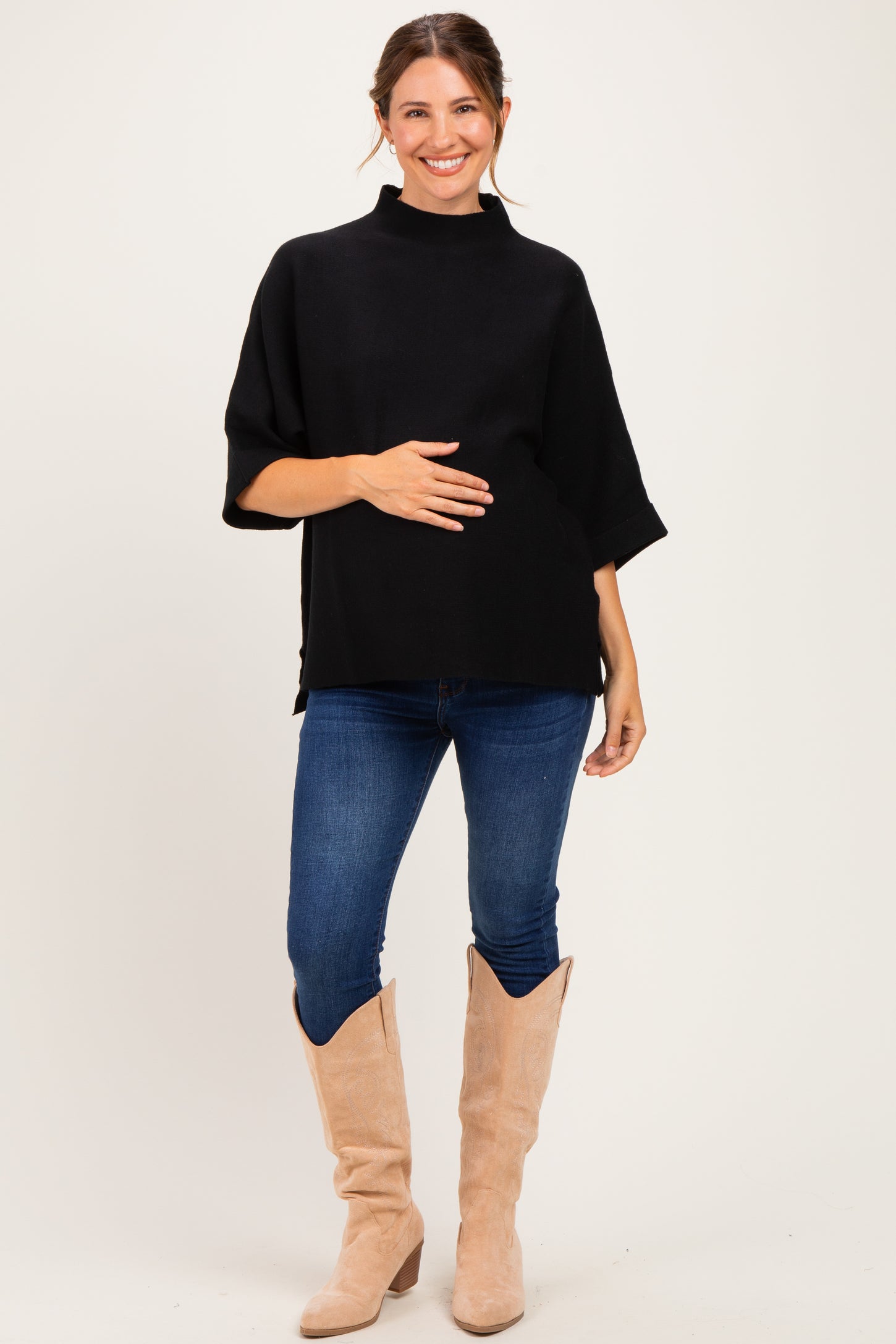 Black Mock Neck Dolman Short Sleeve Maternity Top