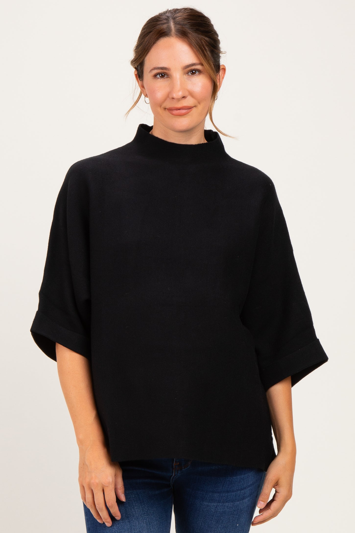 Black Mock Neck Dolman Short Sleeve Maternity Top