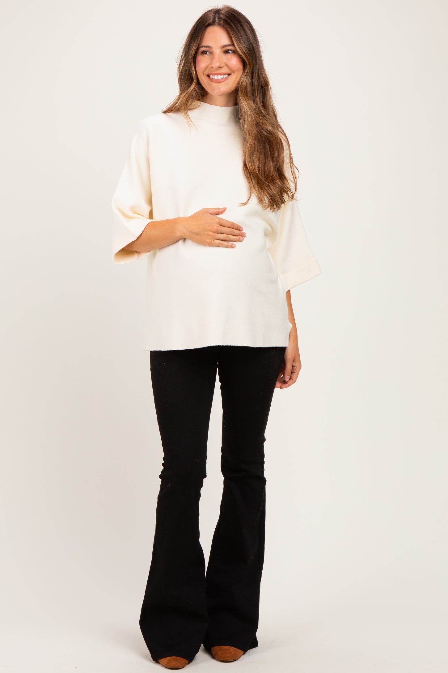 Cream Mock Neck Dolman Short Sleeve Maternity Top