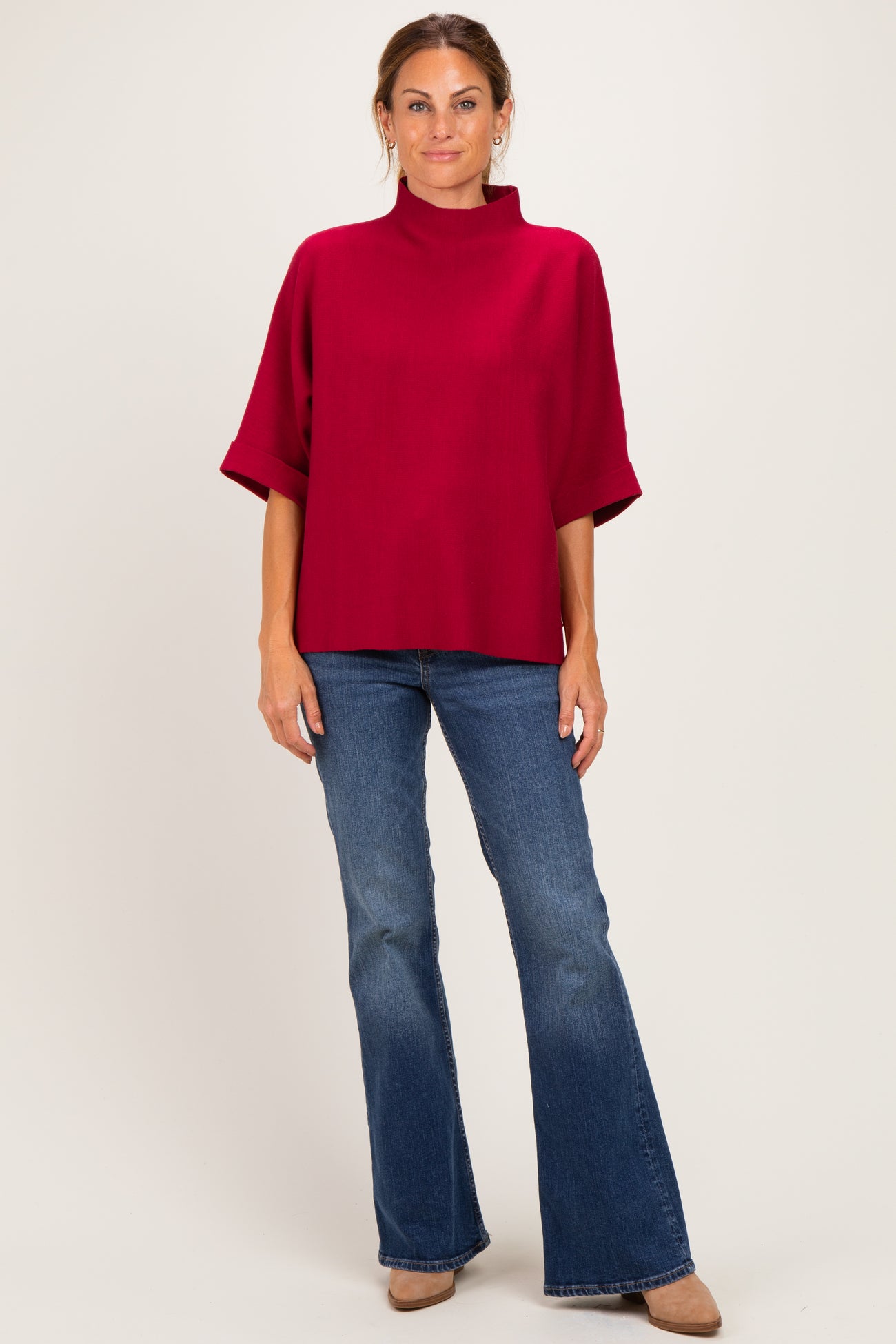 Red Mock Neck Dolman Short Sleeve Top