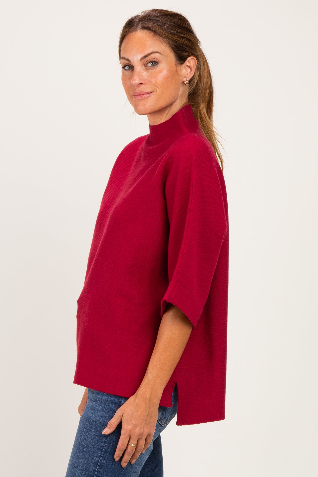 Red Mock Neck Dolman Short Sleeve Top