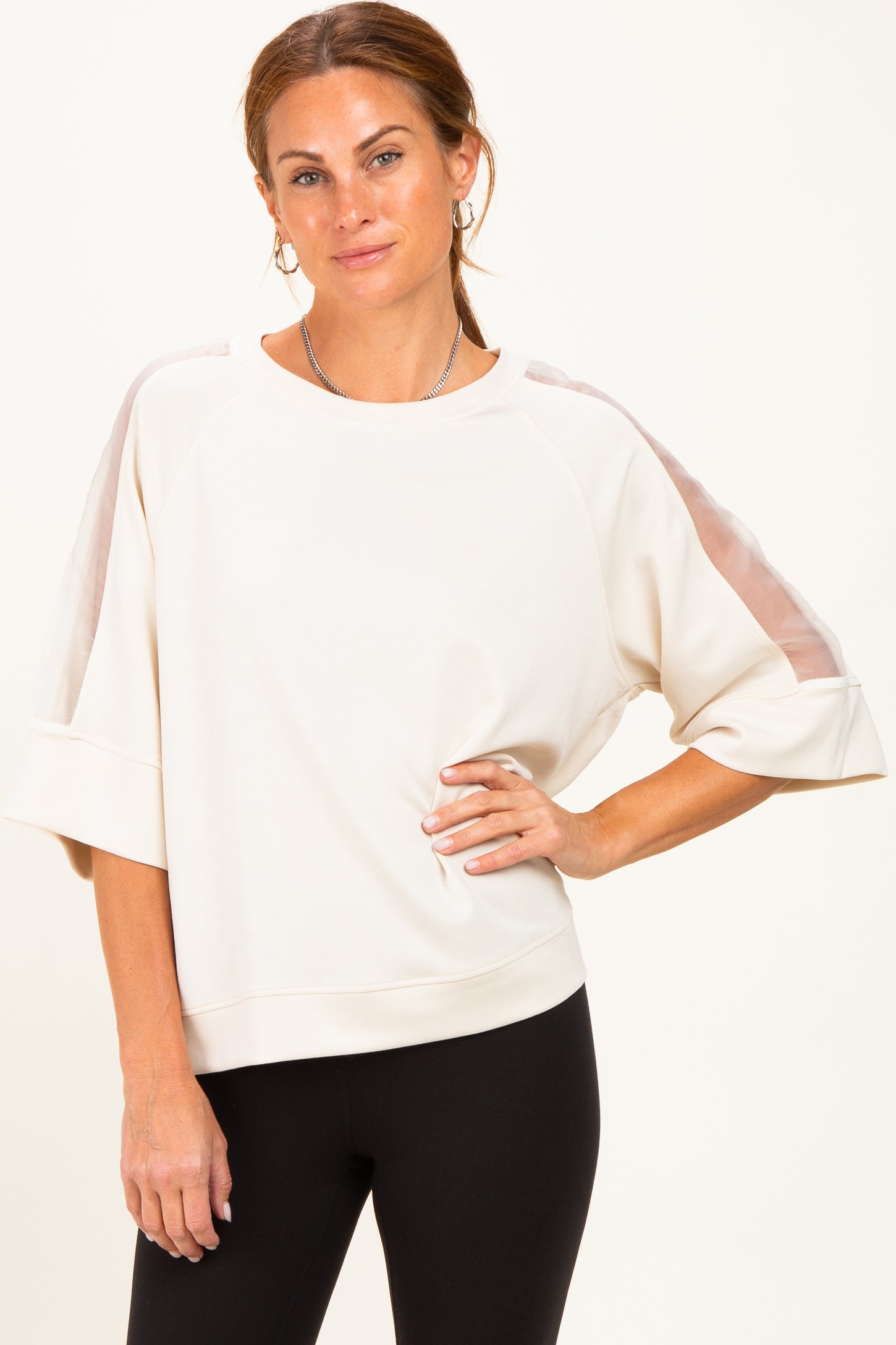 Cream Mesh Shoulder Short Sleeve Top