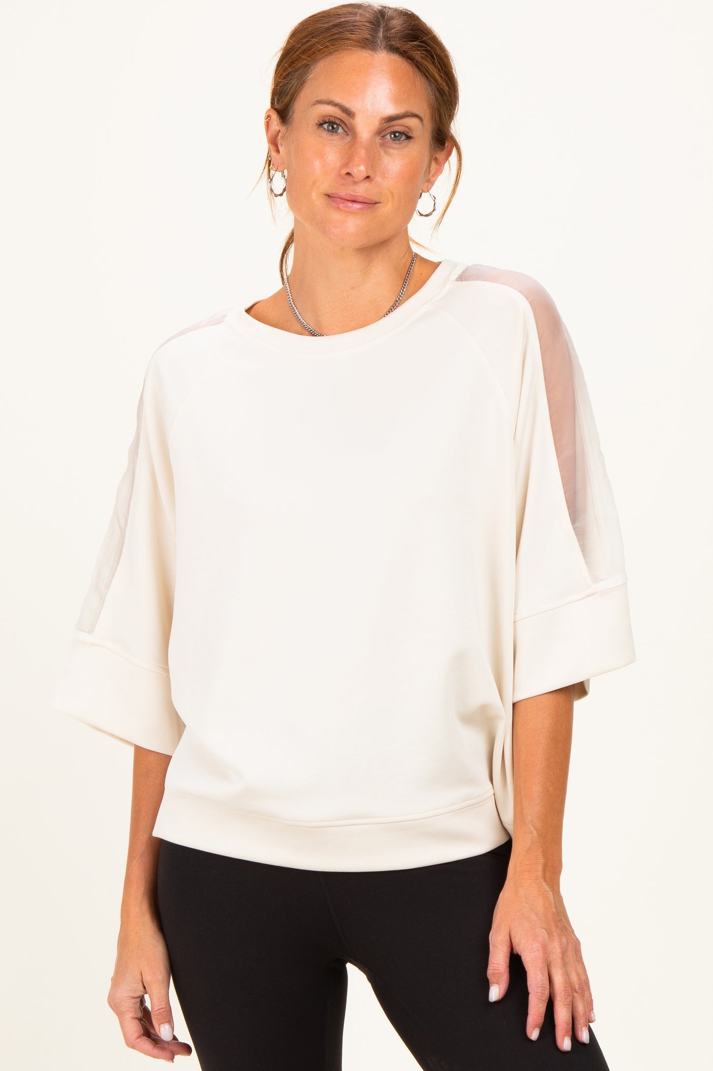 Cream Mesh Shoulder Short Sleeve Top