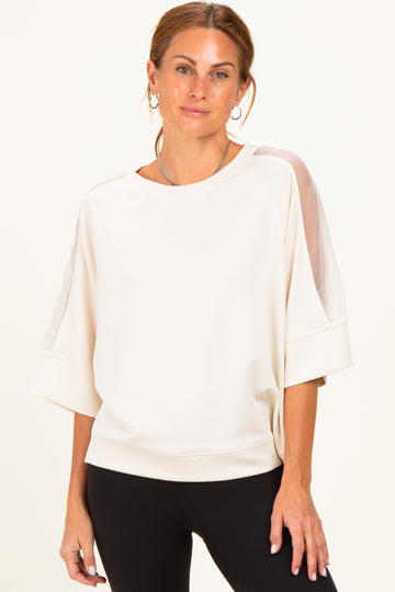Cream Mesh Shoulder Short Sleeve Top