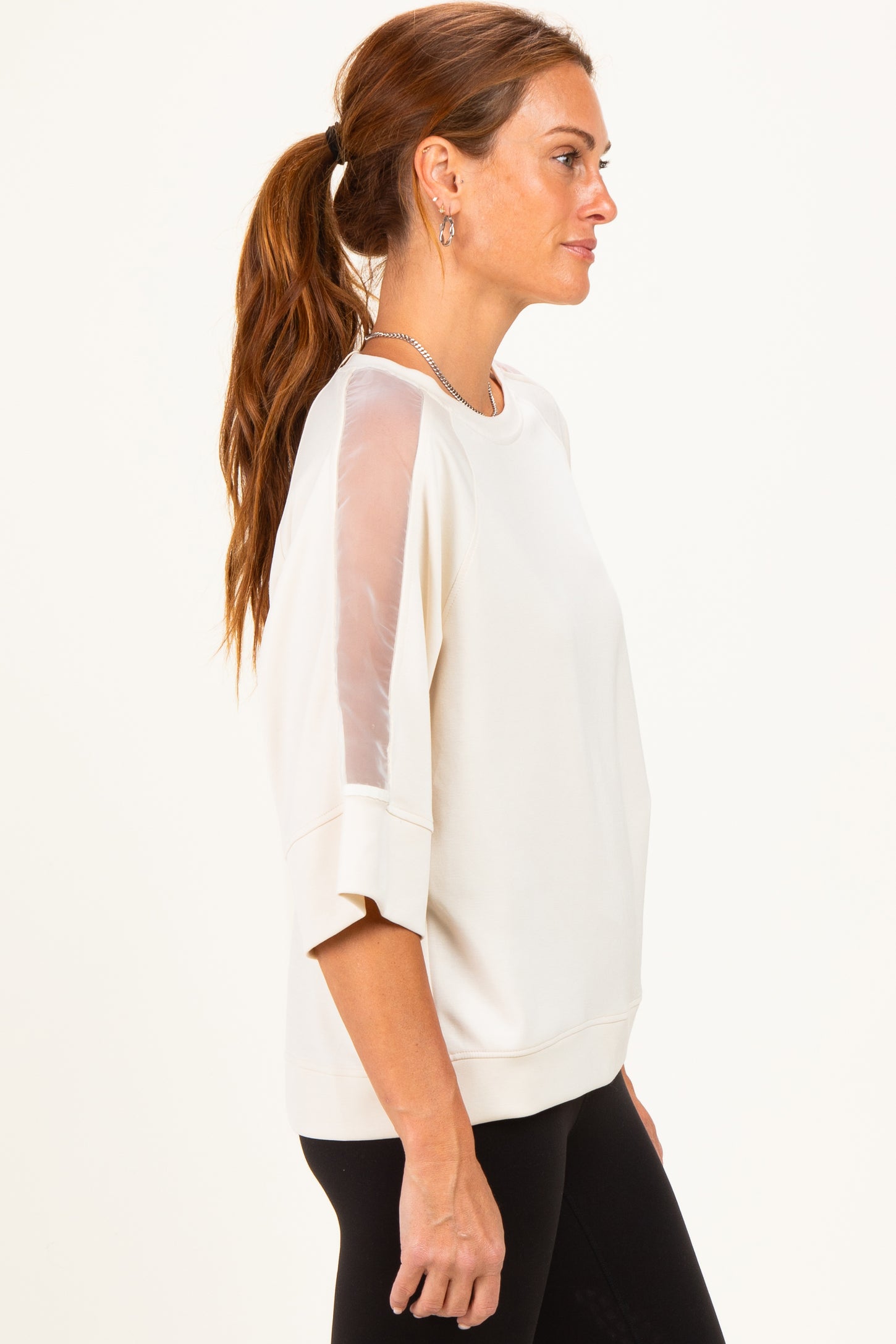 Cream Mesh Shoulder Short Sleeve Top