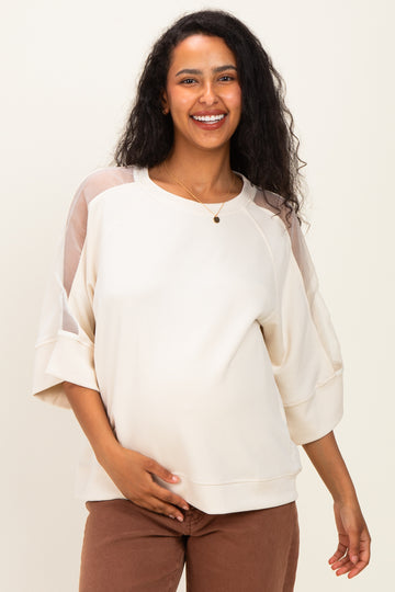 Cream Mesh Shoulder Short Sleeve Maternity Top