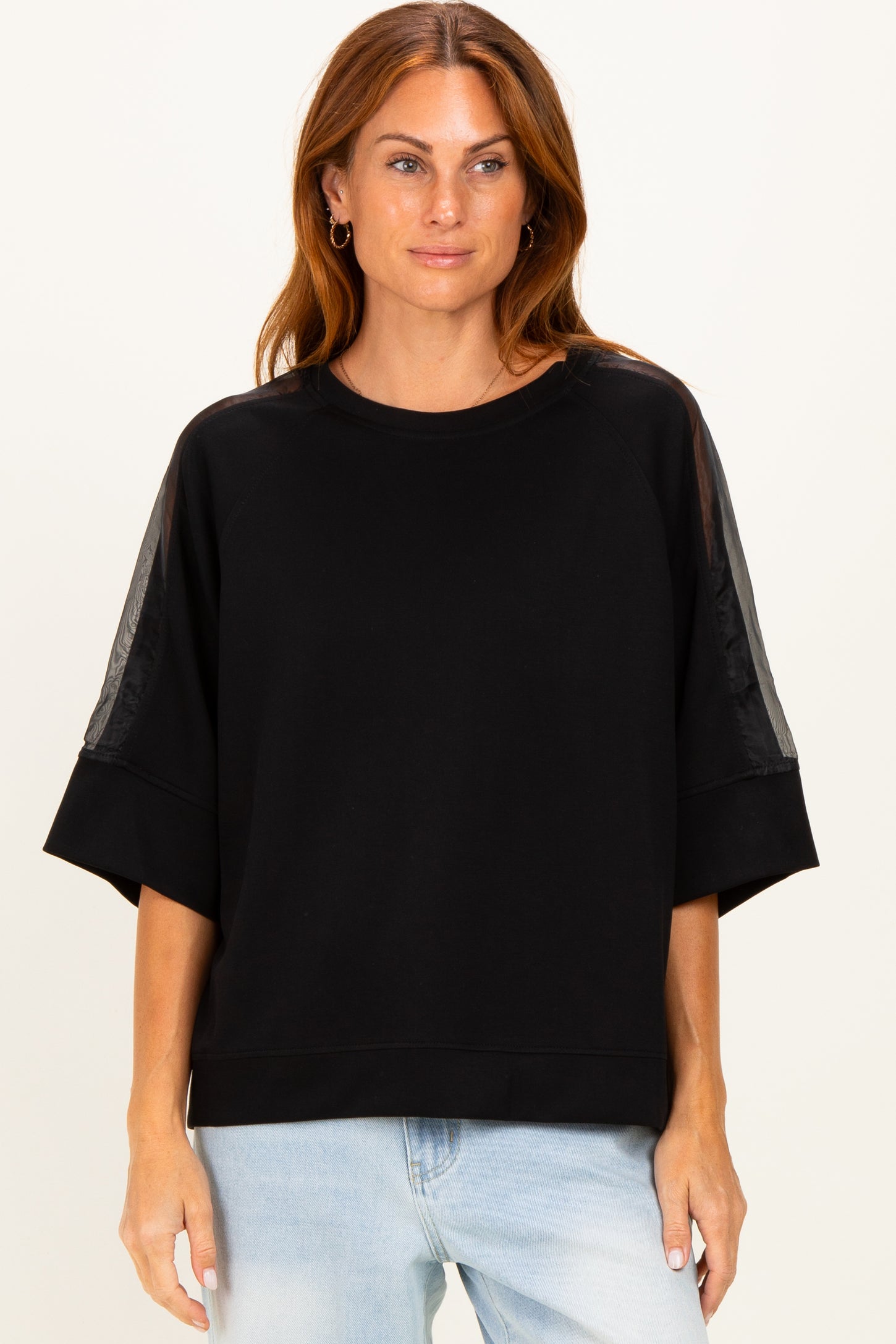 Black Mesh Shoulder Short Sleeve Maternity Top