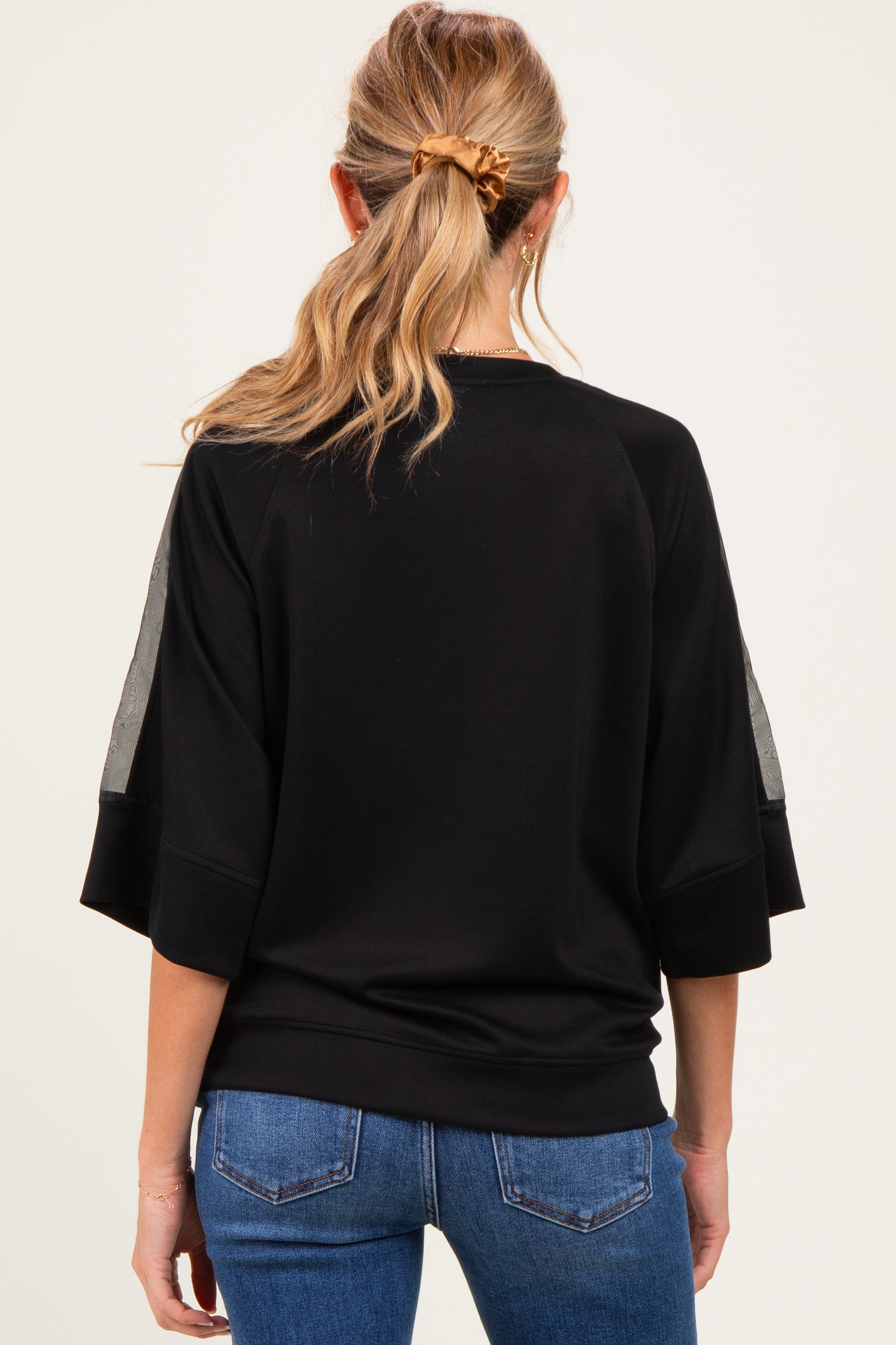 Black Mesh Shoulder Short Sleeve Maternity Top