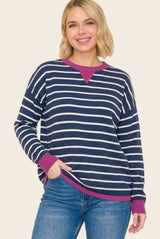 Navy Striped Contrast Trim Sweater