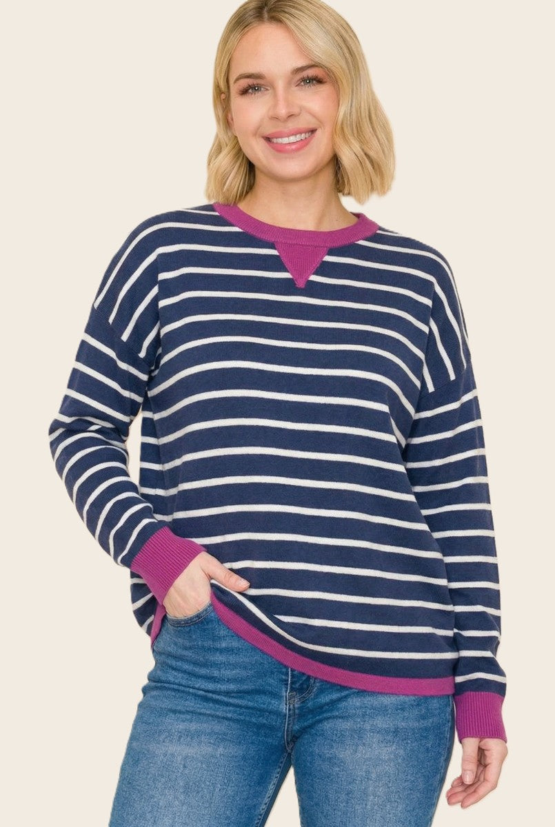 Navy Striped Contrast Trim Maternity Sweater