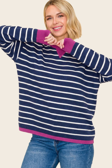 Navy Striped Contrast Trim Sweater