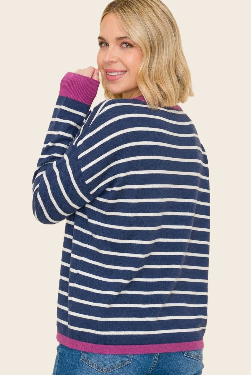 Navy Striped Contrast Trim Sweater